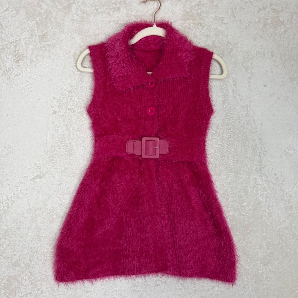 Y2K Hot Pink Fuzzy Eyelash‎ Knit Belted Sweater Dress Mcbling Barbiecore Size S